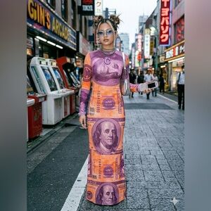 🔴Y2K Vintage Money Print Mesh Maxi Dress - Orange & Purple